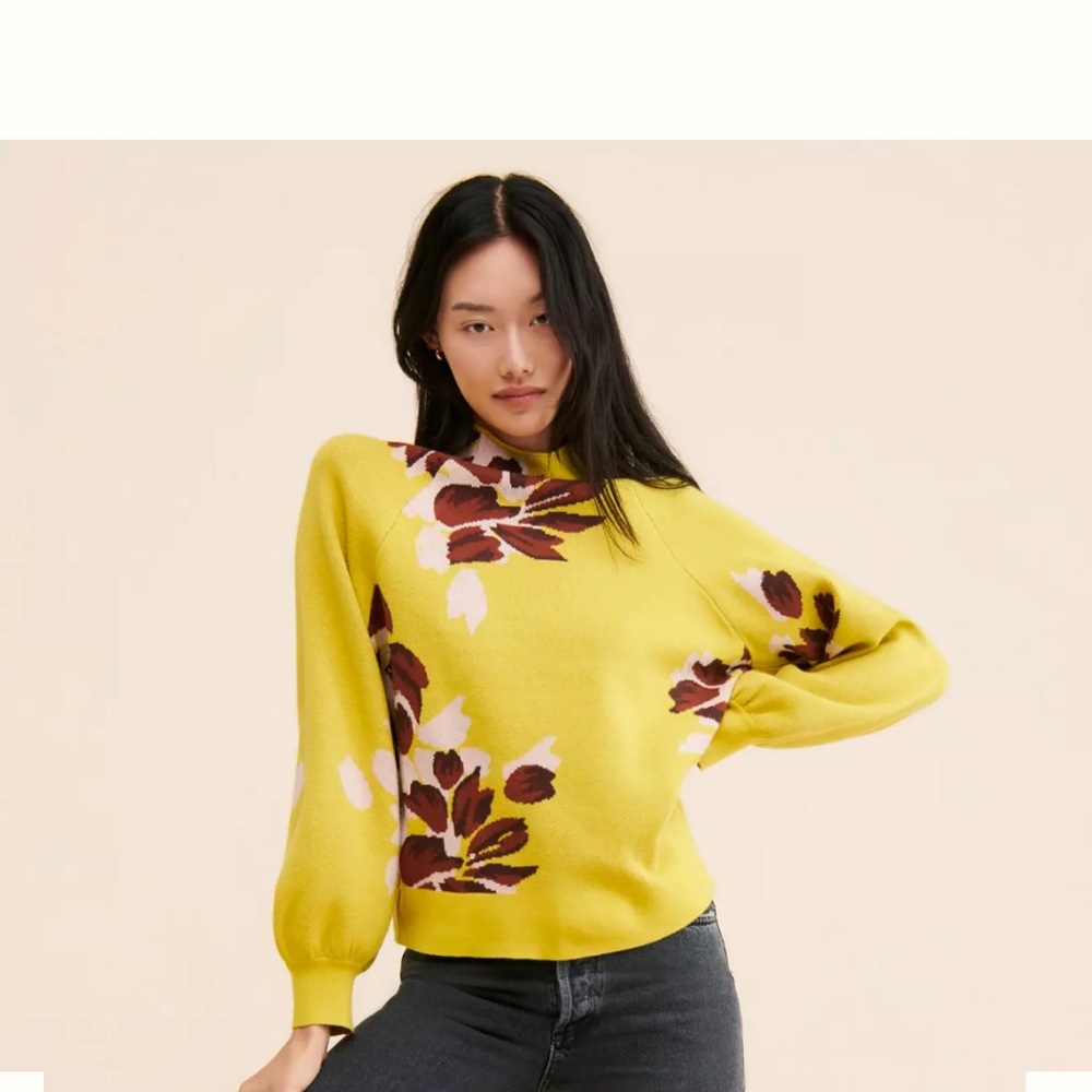 Anthropologie Yellow Floral Crewneck Sweater XS
